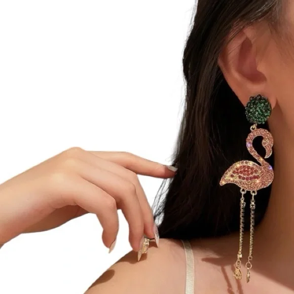 Rhinestone Pink Flamingo Dangle Drop Statement Stud Post Earrings NEW - Picture 2 of 5